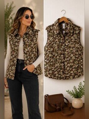 MNG Mango Quilted Floral Puffer Vest NWT Cotton Snap Front Side Snap Jacket
